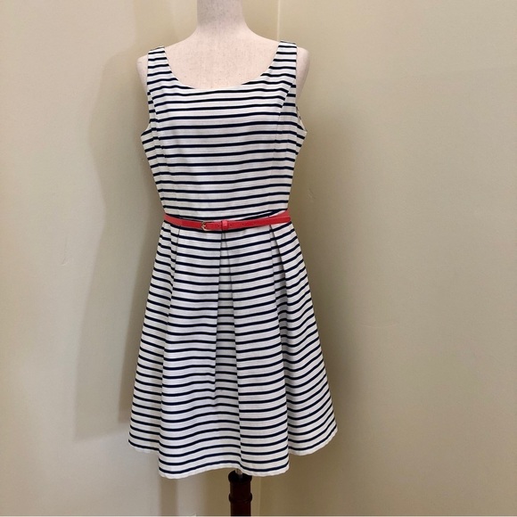 Eliza J Dresses & Skirts - Eliza J. Fit and Flare Belted Dress. Blue and White Stripe. Coral Belt. Size 12P